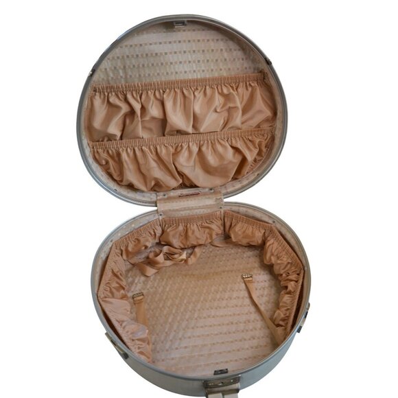 Vintage 60s Samsonite Hat Box Round Luggage Train Case Cream Travel Peach Satin - Picture 3 of 16